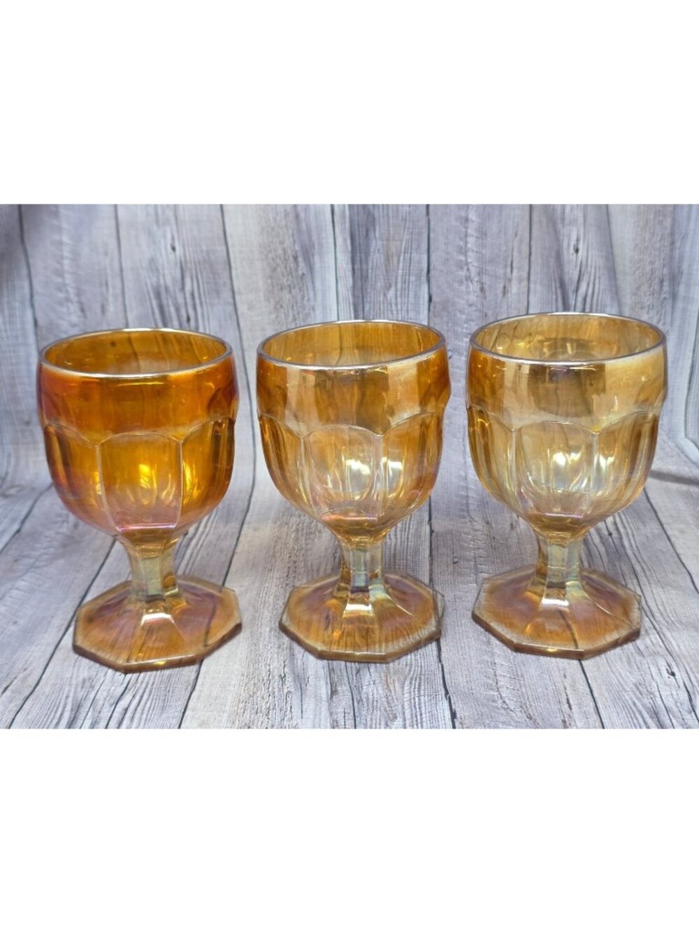 3 Vintage Imperial Colonial Marigold Carnival Glass Water Goblets 5.5" T 3" Dia